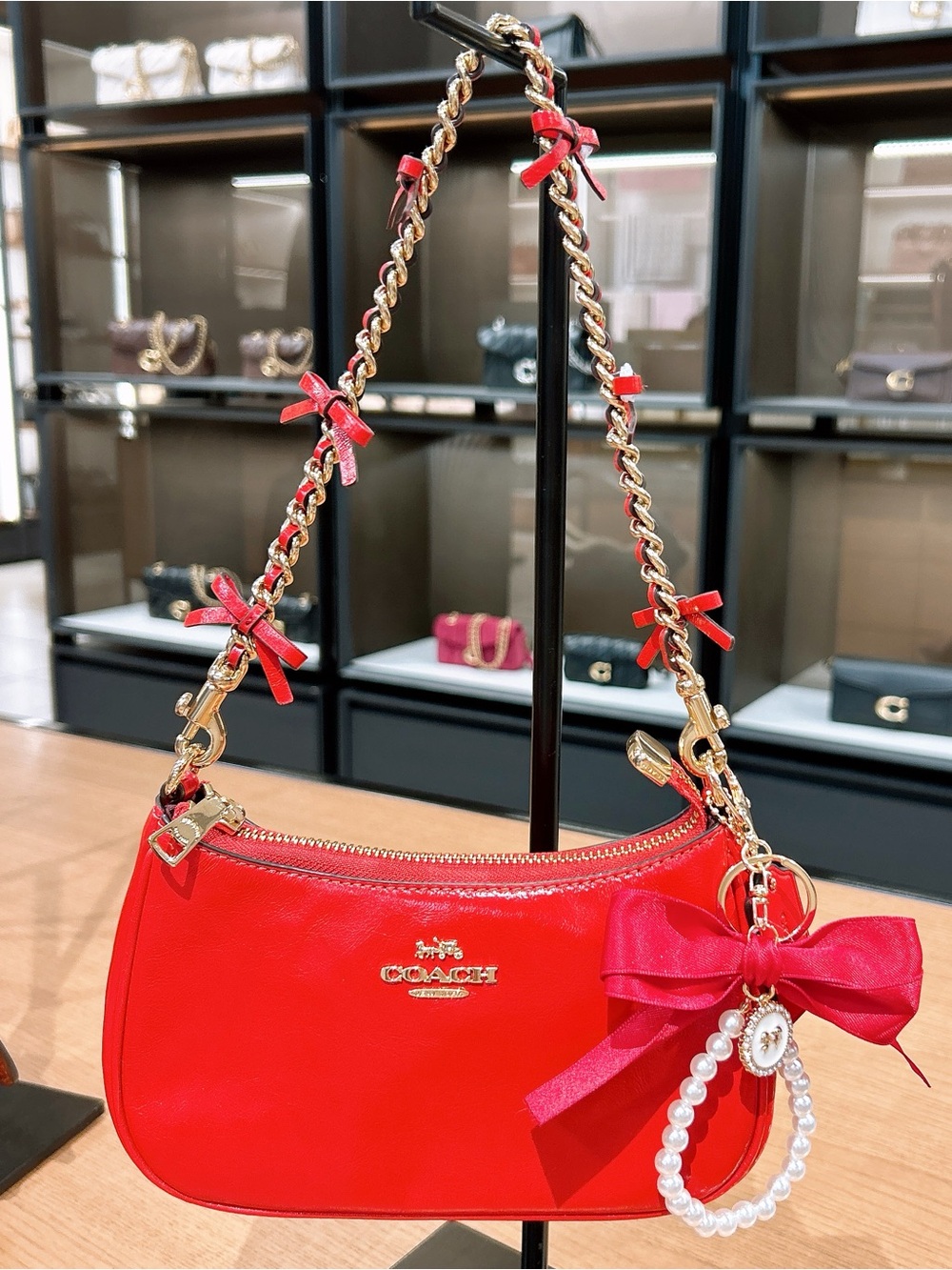 Coach mini Teri Red Leather Mini Shoulder Bag with Gold/red Bow Charm cdw68